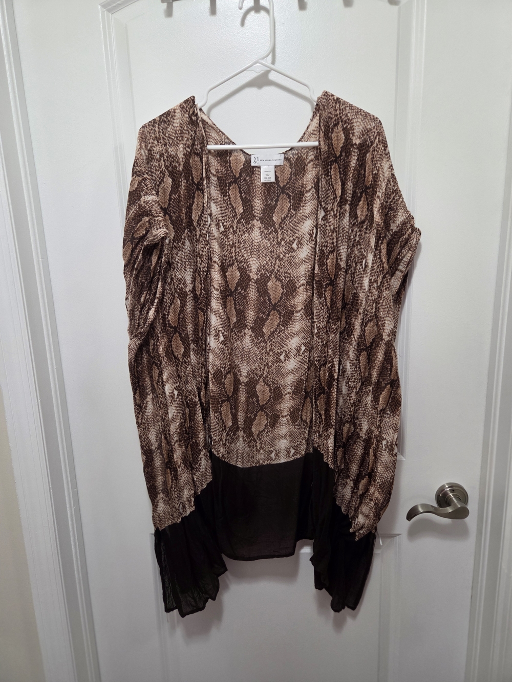 New York & Company Brown Snake-Print Open Kimono with Black Trim